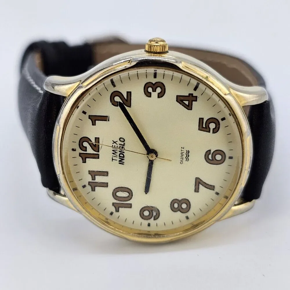 Timex‎ Men's Watch 35MM Gold Dial New Black White Leather Bands New Battery